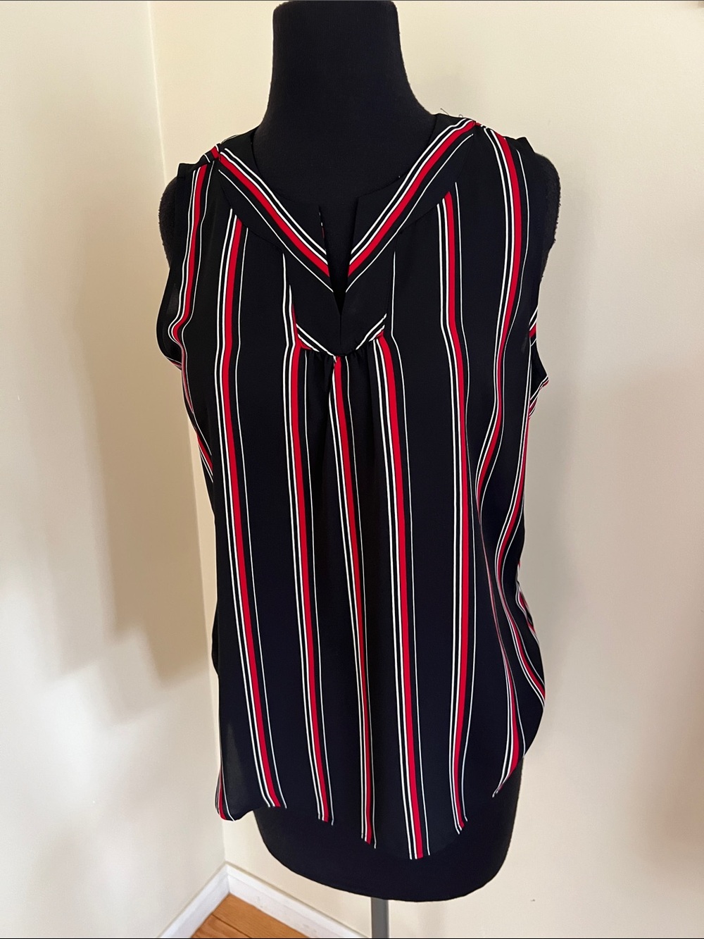 Van Heusen Black Sleeveless V-Neck Top with Red and White Stripes